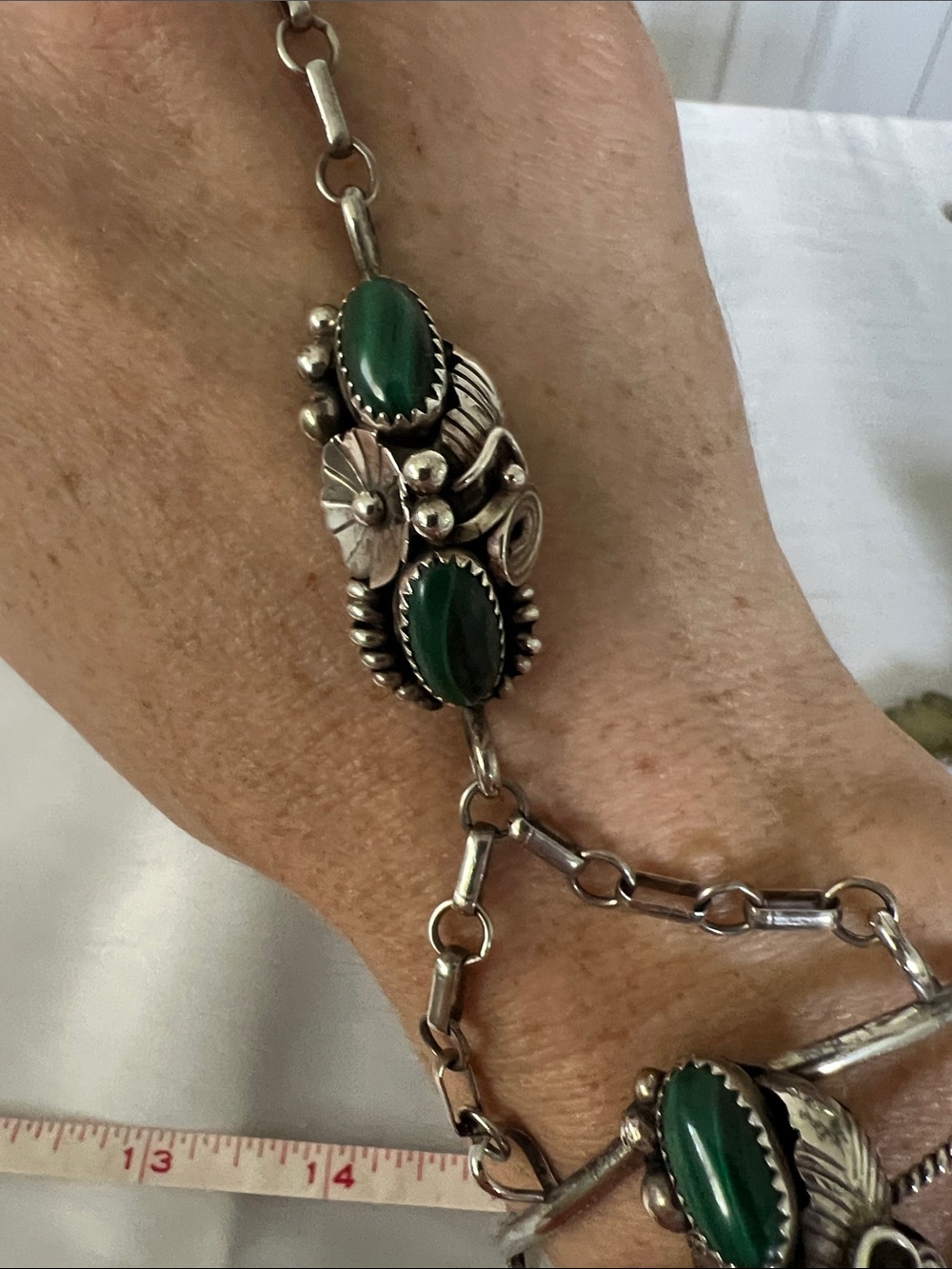 Sterling Silver Malachite Stone ring hand Chain Bracelet - Picture 3 of 7